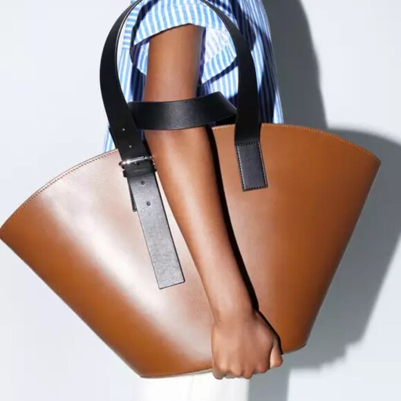 Zara Handbags - ZARA XXL Leather Bucket Tote Brown with Black Handles